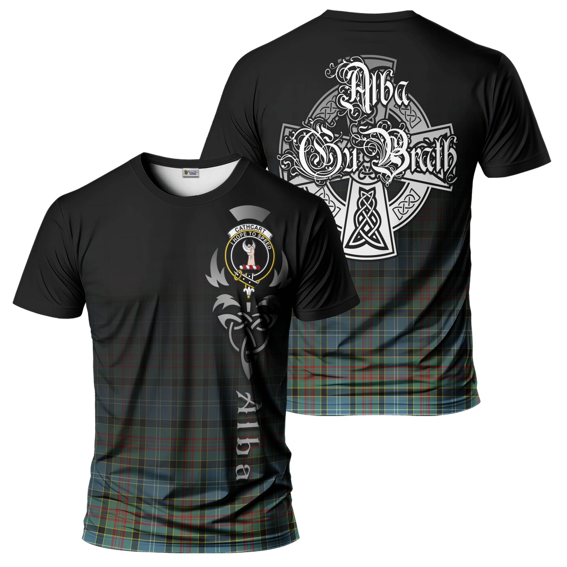 Tartan Vibes Clothing Cathcart Tartan T-Shirt Featuring Alba Gu Brath Family Crest Celtic Inspired