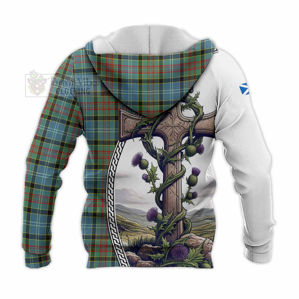 Tartan Vibes Clothing Cathcart Tartan Knitted Hoodie with Family Crest and St. Andrew's Cross Accented by Thistle Vines