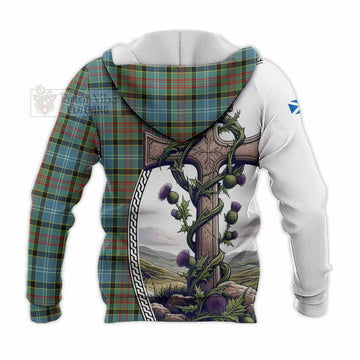 Cathcart Tartan Knitted Hoodie with Family Crest and St. Andrew's Cross Accented by Thistle Vines