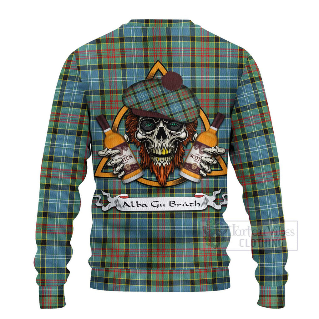 Tartan Vibes Clothing Cathcart Tartan Knitted Sweater with Family Crest and Bearded Skull Holding Bottles of Whiskey