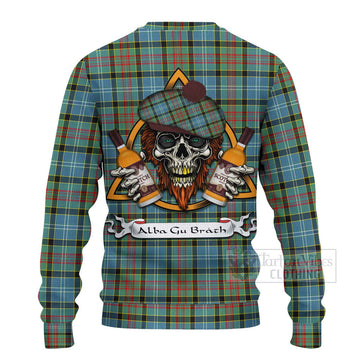 Cathcart Tartan Ugly Sweater with Family Crest and Bearded Skull Holding Bottles of Whiskey