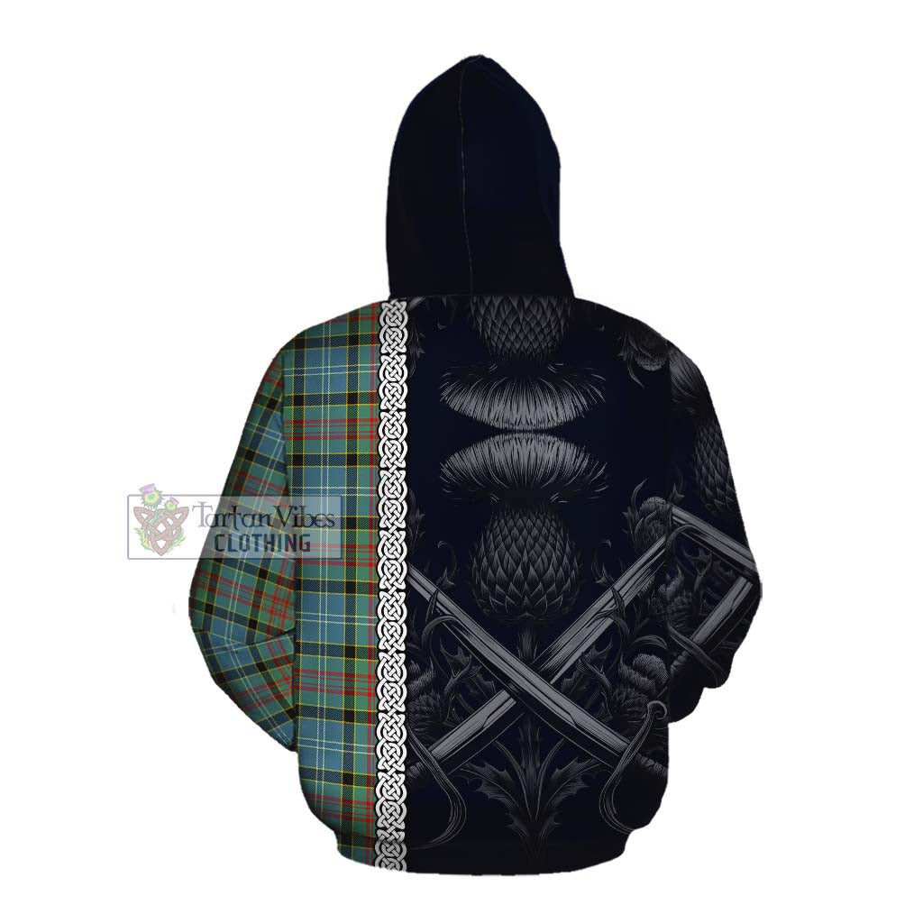 Tartan Vibes Clothing Cathcart Tartan Cotton Hoodie with Family Crest Cross Sword Thistle Celtic Vibes