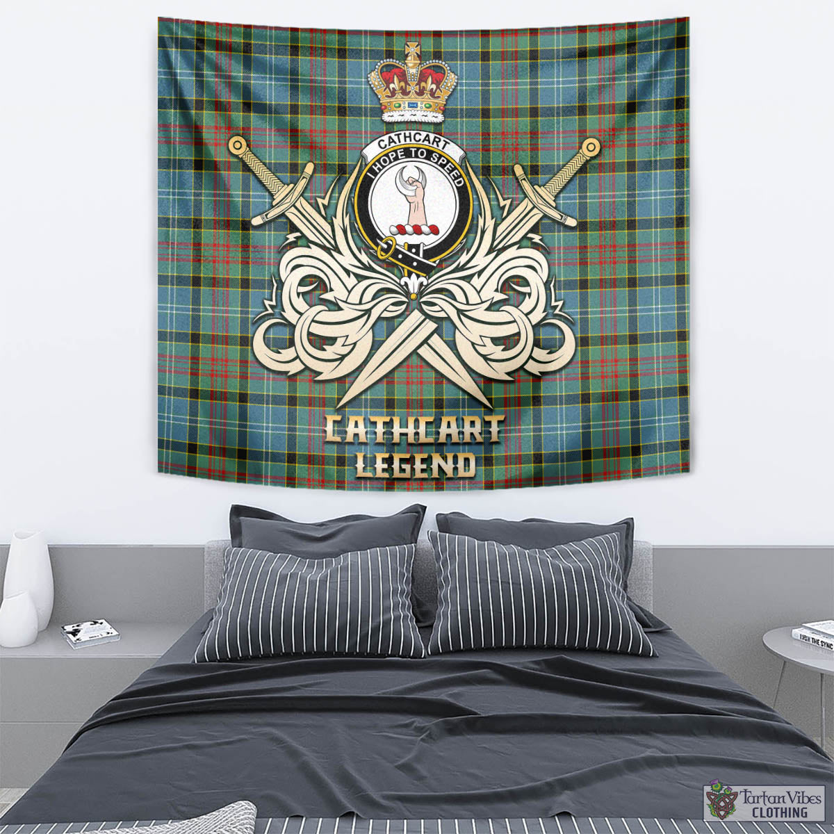 Tartan Vibes Clothing Cathcart Tartan Tapestry with Clan Crest and the Golden Sword of Courageous Legacy