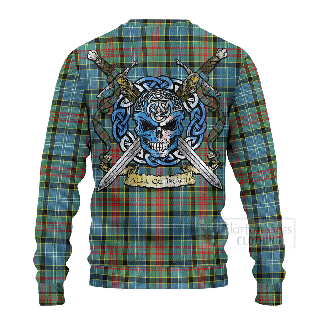 Tartan Vibes Clothing Cathcart Tartan Knitted Sweater with Family Crest Celtic Skull Style