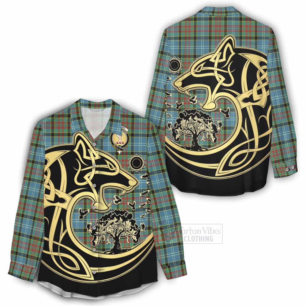 Tartan Vibes Clothing Cathcart Tartan Women's Casual Shirt with Family Crest Celtic Wolf Style