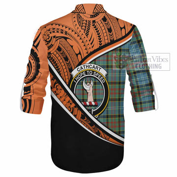 Cathcart Crest Tartan Ghillie Kilt Shirt with Polynesian Vibes Style - Orange Version