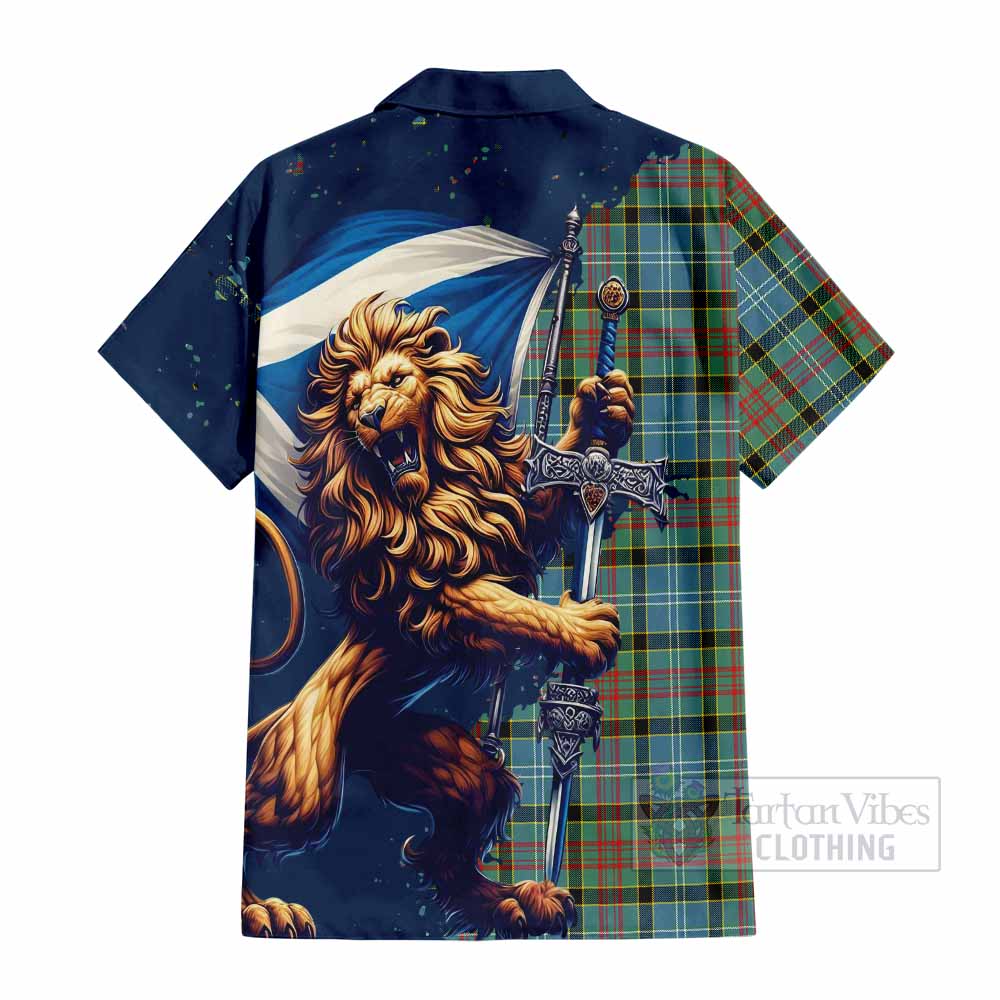 Tartan Vibes Clothing Cathcart Tartan Family Crest Short Sleeve Button Shirt with Scottish Majestic Lion