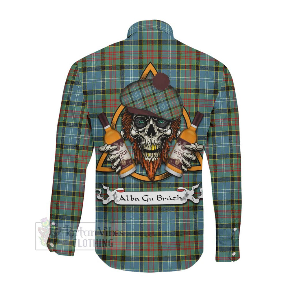 Tartan Vibes Clothing Cathcart Tartan Long Sleeve Button Shirt with Family Crest and Bearded Skull Holding Bottles of Whiskey