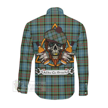 Cathcart Tartan Long Sleeve Button Shirt with Family Crest and Bearded Skull Holding Bottles of Whiskey