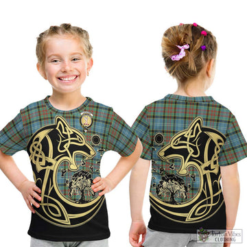 Cathcart Tartan Kid T-Shirt with Family Crest Celtic Wolf Style