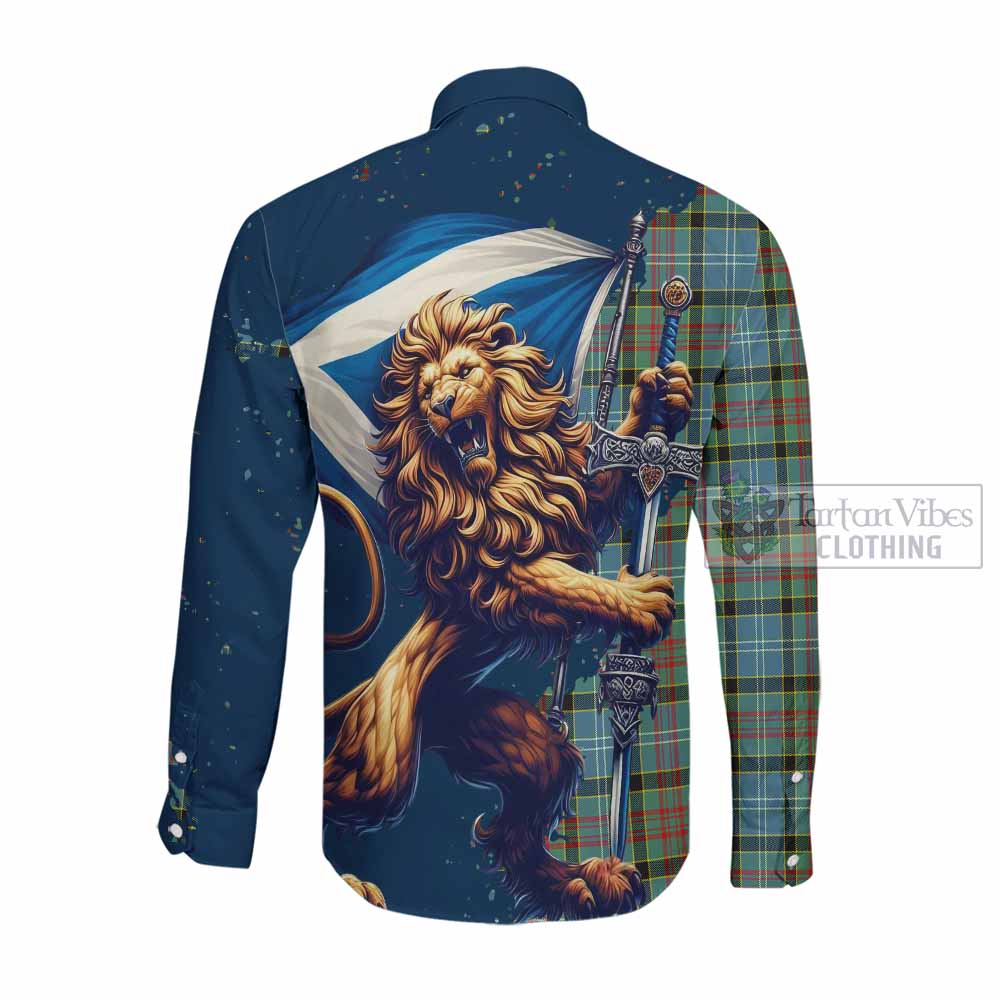 Tartan Vibes Clothing Cathcart Tartan Family Crest Long Sleeve Button Shirt with Scottish Majestic Lion