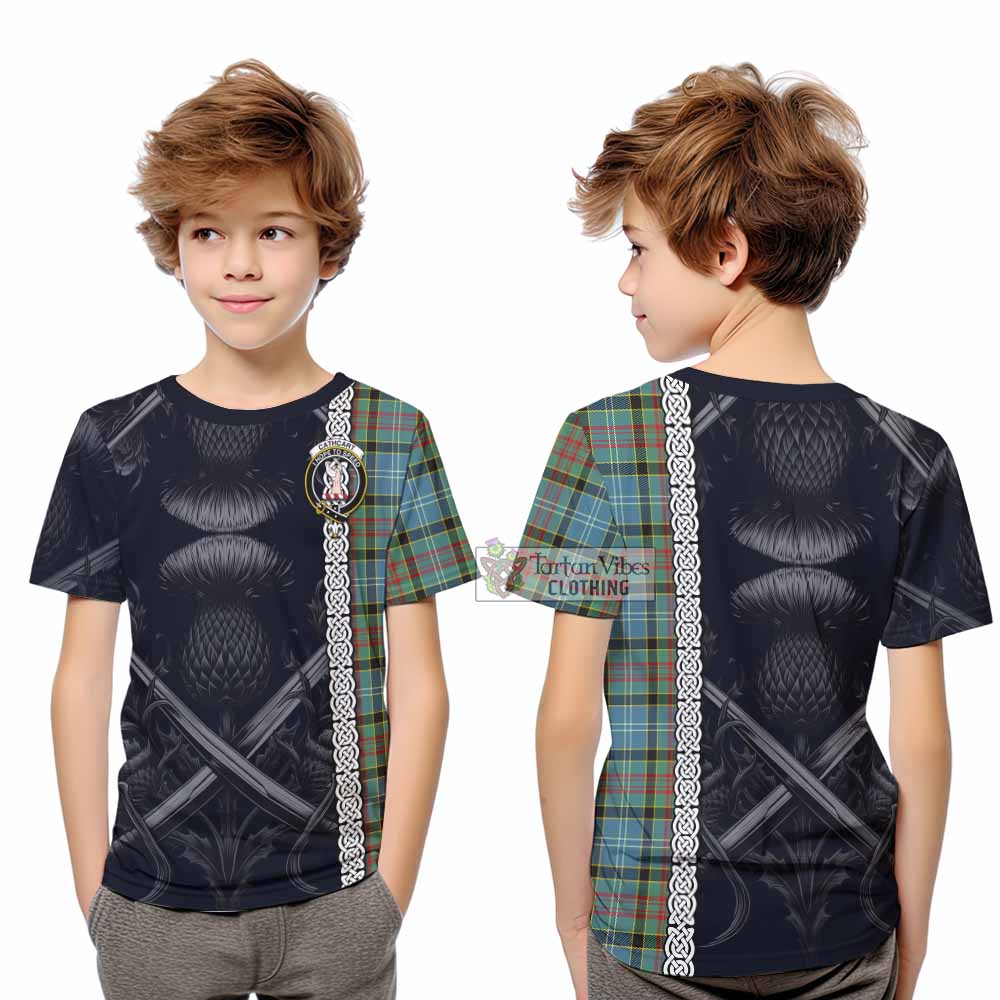 Tartan Vibes Clothing Cathcart Tartan Kid T-Shirt with Family Crest Cross Sword Thistle Celtic Vibes