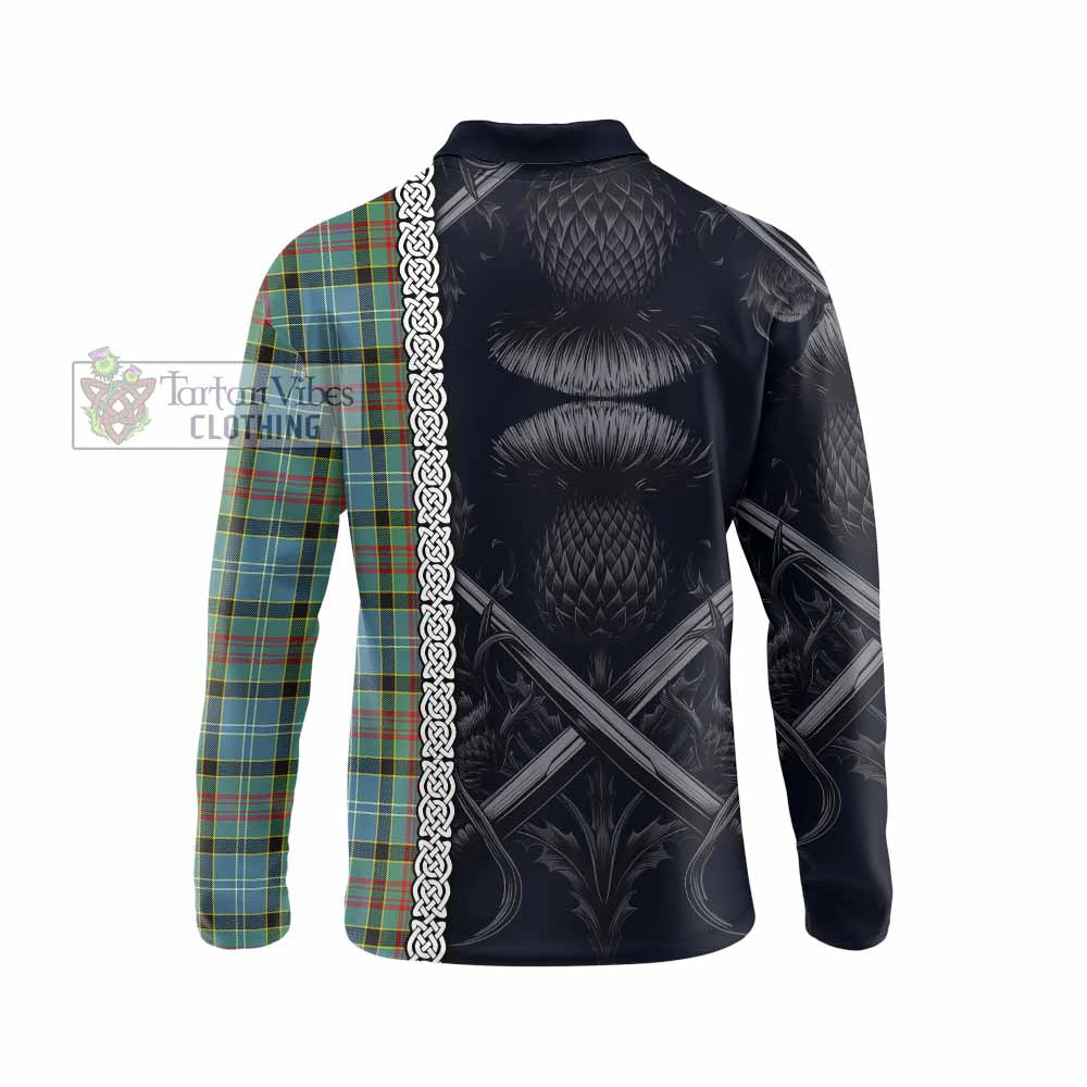 Tartan Vibes Clothing Cathcart Tartan Long Sleeve Polo Shirt with Family Crest Cross Sword Thistle Celtic Vibes