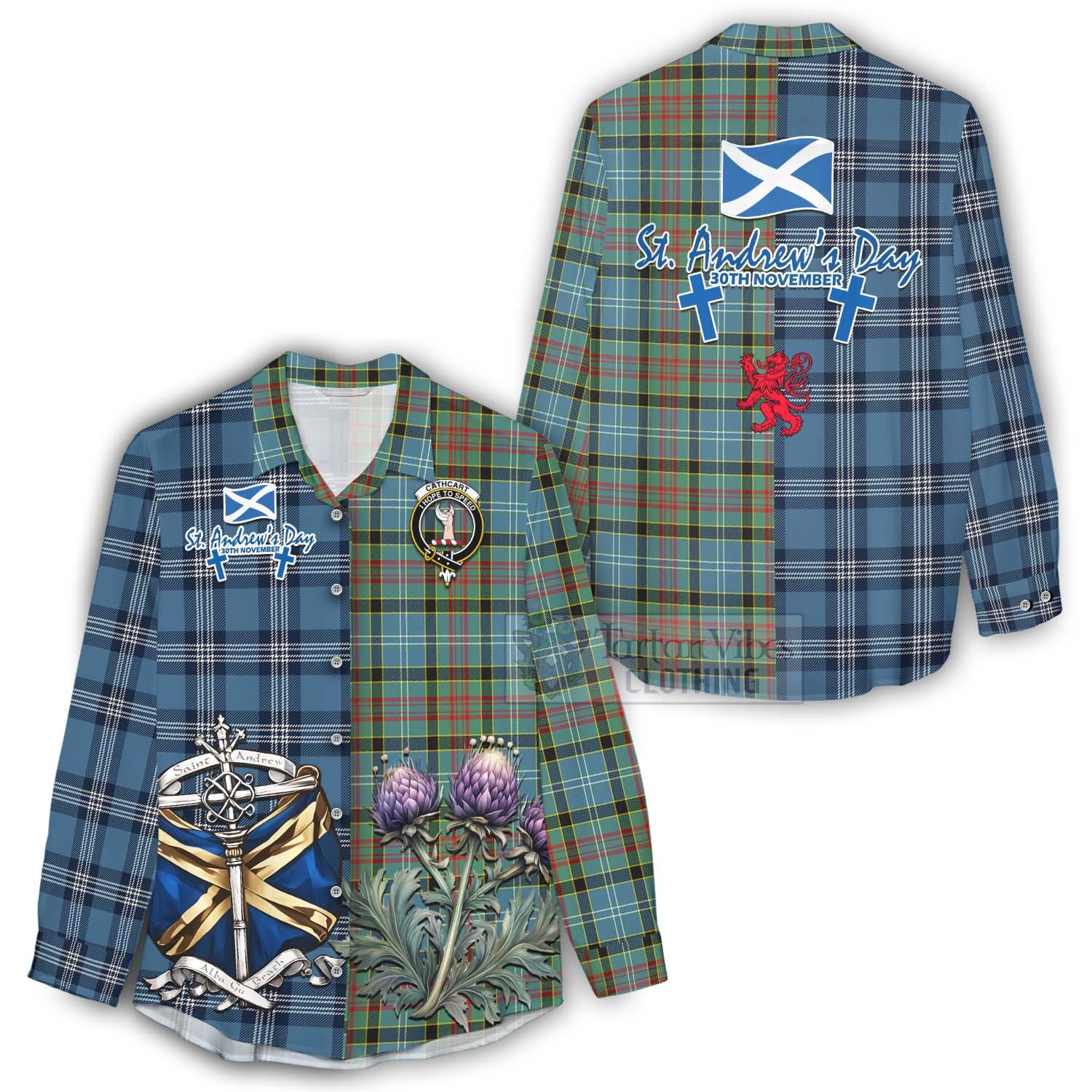 Tartan Vibes Clothing Cathcart Tartan Women's Casual Shirt Happy St. Andrew's Day Half Tartan Style