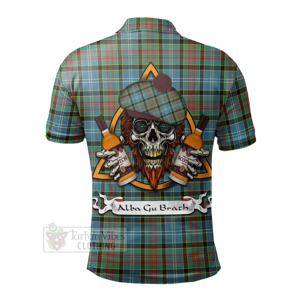 Tartan Vibes Clothing Cathcart Tartan Polo Shirt with Family Crest and Bearded Skull Holding Bottles of Whiskey