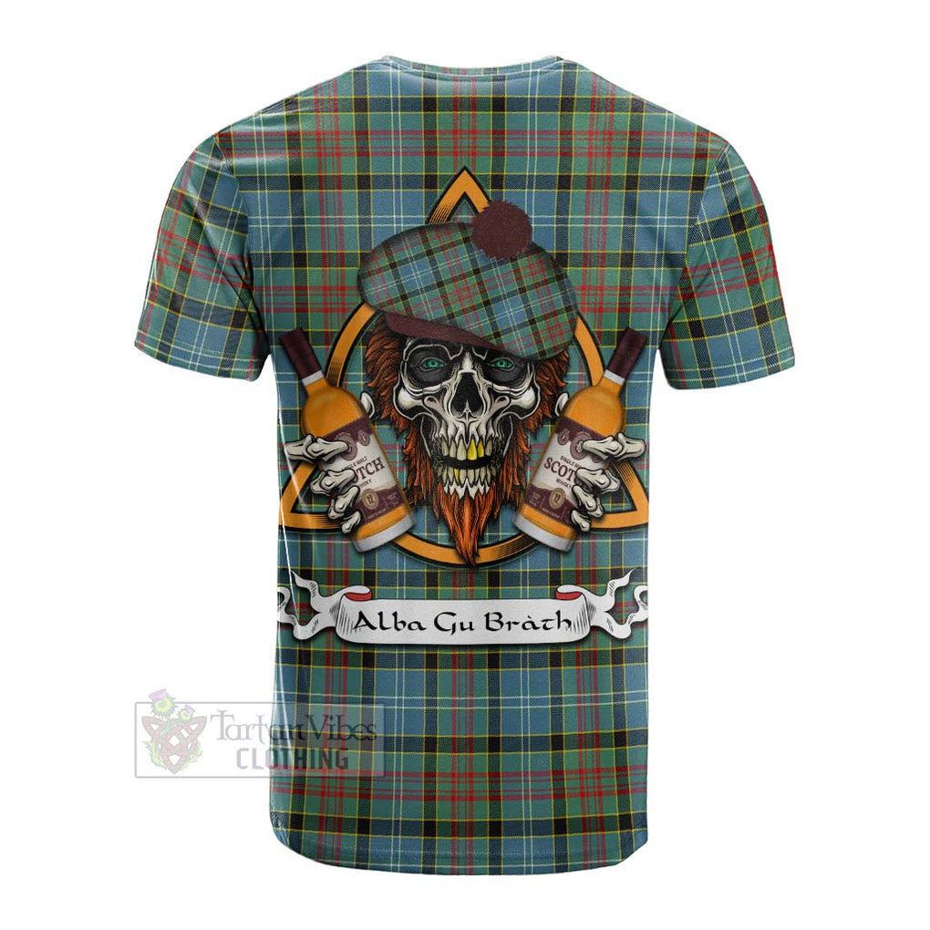 Tartan Vibes Clothing Cathcart Tartan Cotton T-shirt with Family Crest and Bearded Skull Holding Bottles of Whiskey