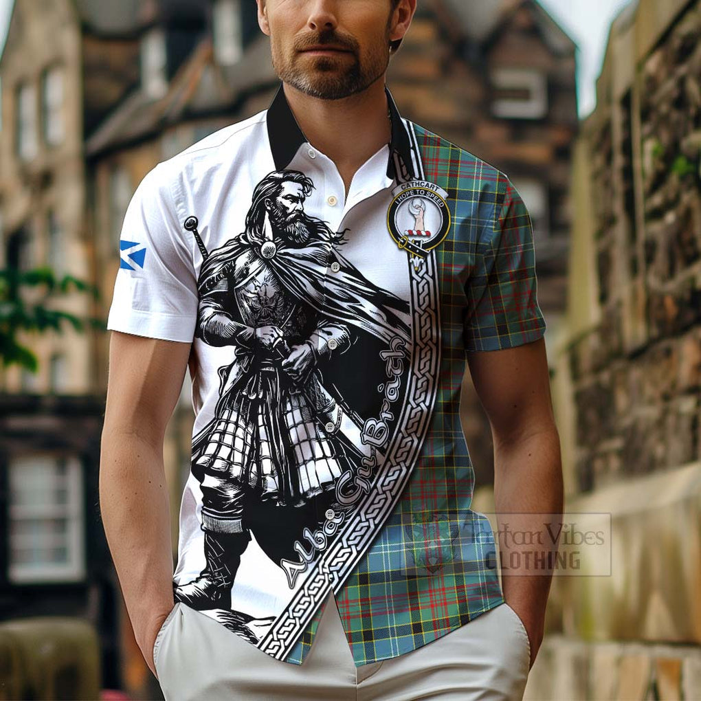 Tartan Vibes Clothing Cathcart Tartan Clan Crest Short Sleeve Button Shirt with Highlander Warrior Celtic Style