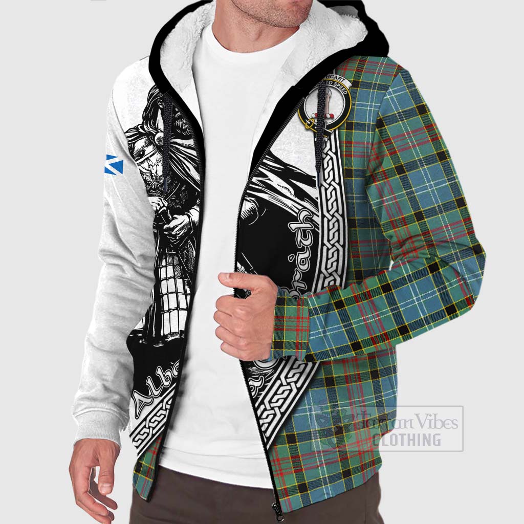 Tartan Vibes Clothing Cathcart Tartan Clan Crest Sherpa Hoodie with Highlander Warrior Celtic Style