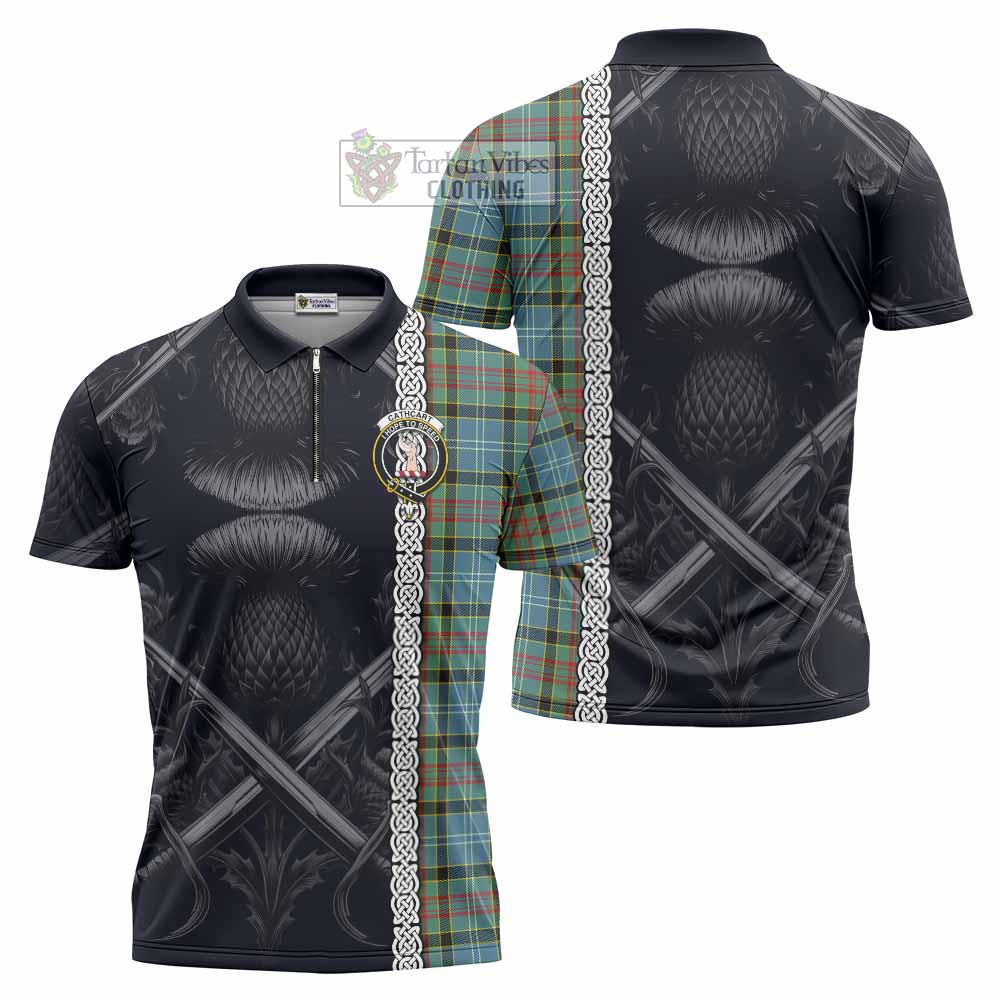 Tartan Vibes Clothing Cathcart Tartan Zipper Polo Shirt with Family Crest Cross Sword Thistle Celtic Vibes