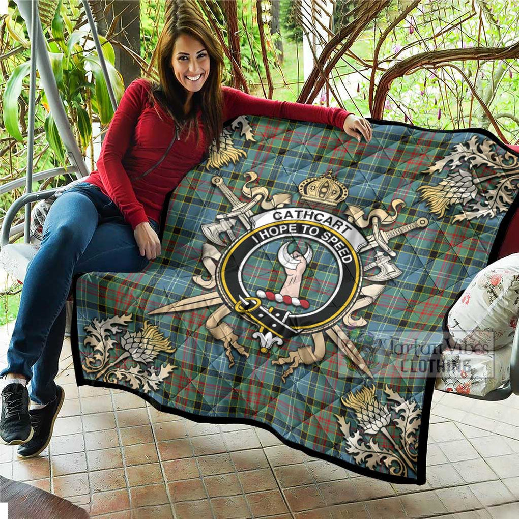 Tartan Vibes Clothing Cathcart Tartan Quilt with Family Crest and Scottish Golden Courage Shield