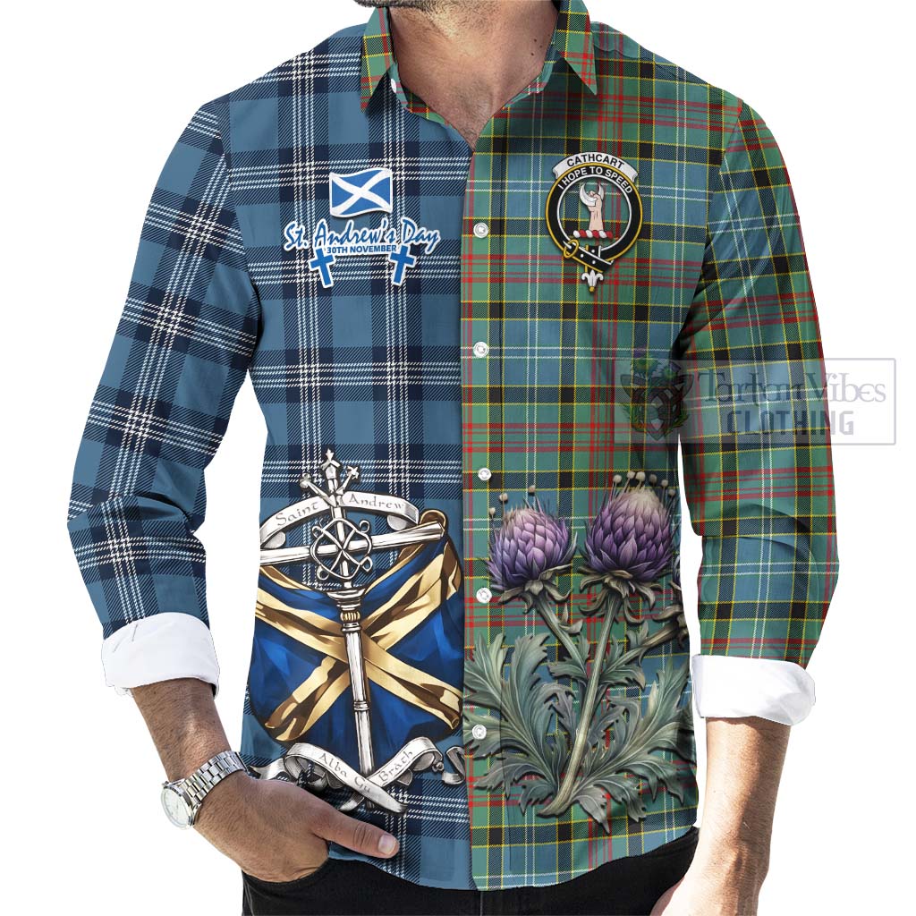 Tartan Vibes Clothing Cathcart Tartan Long Sleeve Button Shirt Happy St. Andrew's Day Half Tartan Style