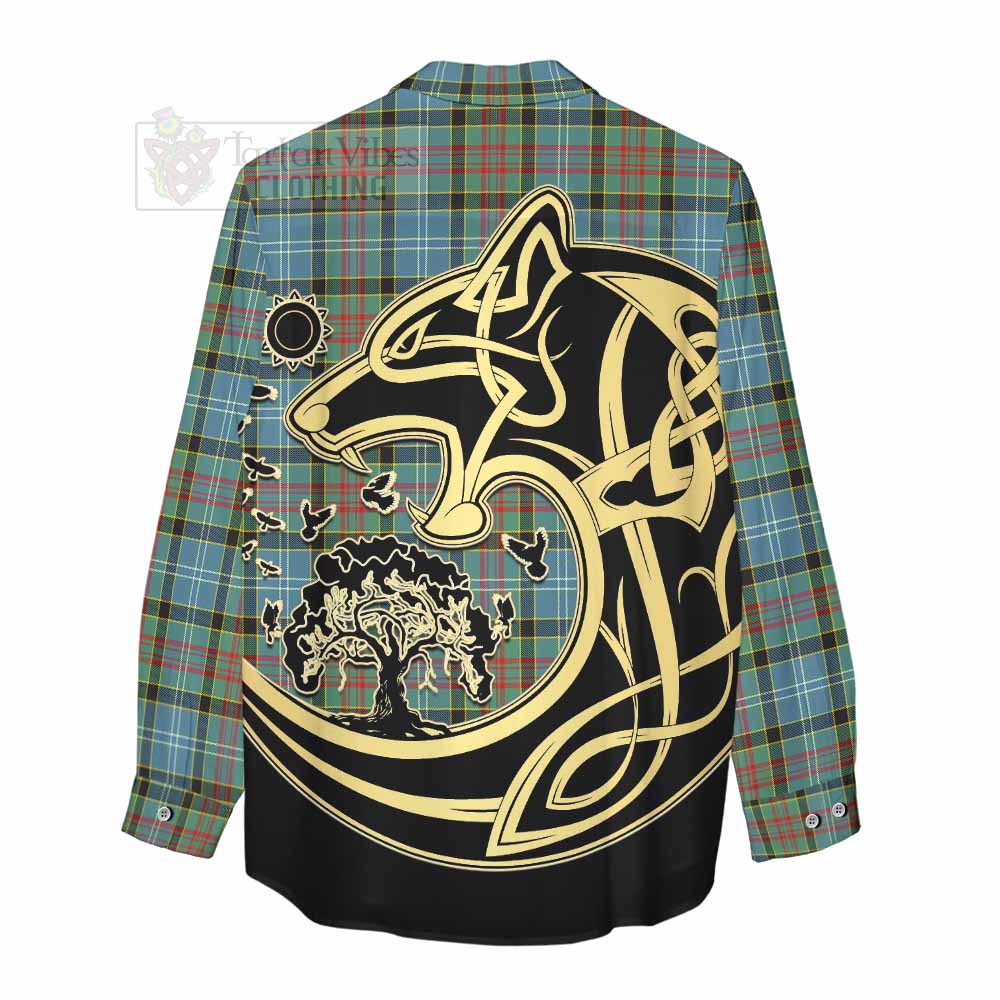 Tartan Vibes Clothing Cathcart Tartan Women's Casual Shirt with Family Crest Celtic Wolf Style