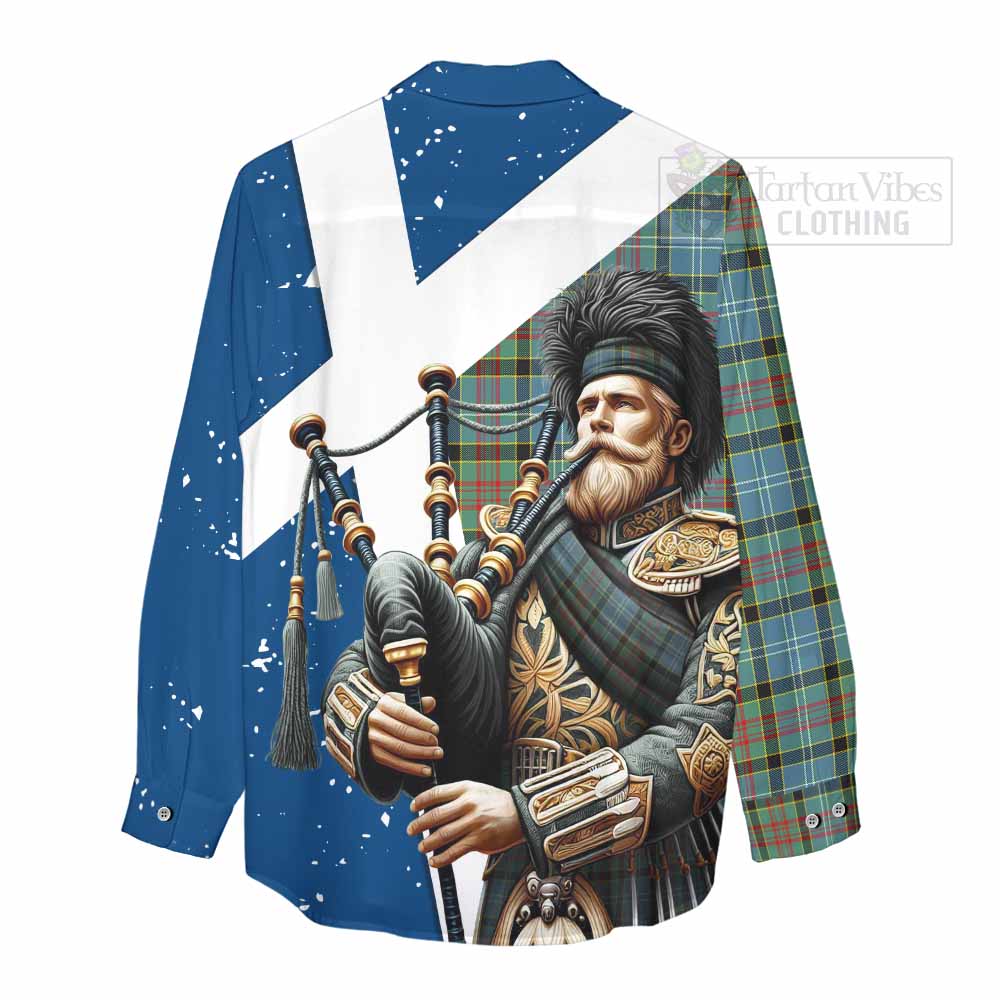 Tartan Vibes Clothing Cathcart Tartan Women's Casual Shirt with Family Crest Scottish Bagpiper Vibes