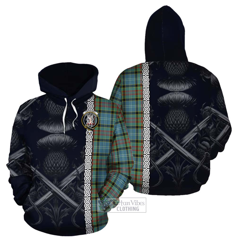 Tartan Vibes Clothing Cathcart Tartan Cotton Hoodie with Family Crest Cross Sword Thistle Celtic Vibes