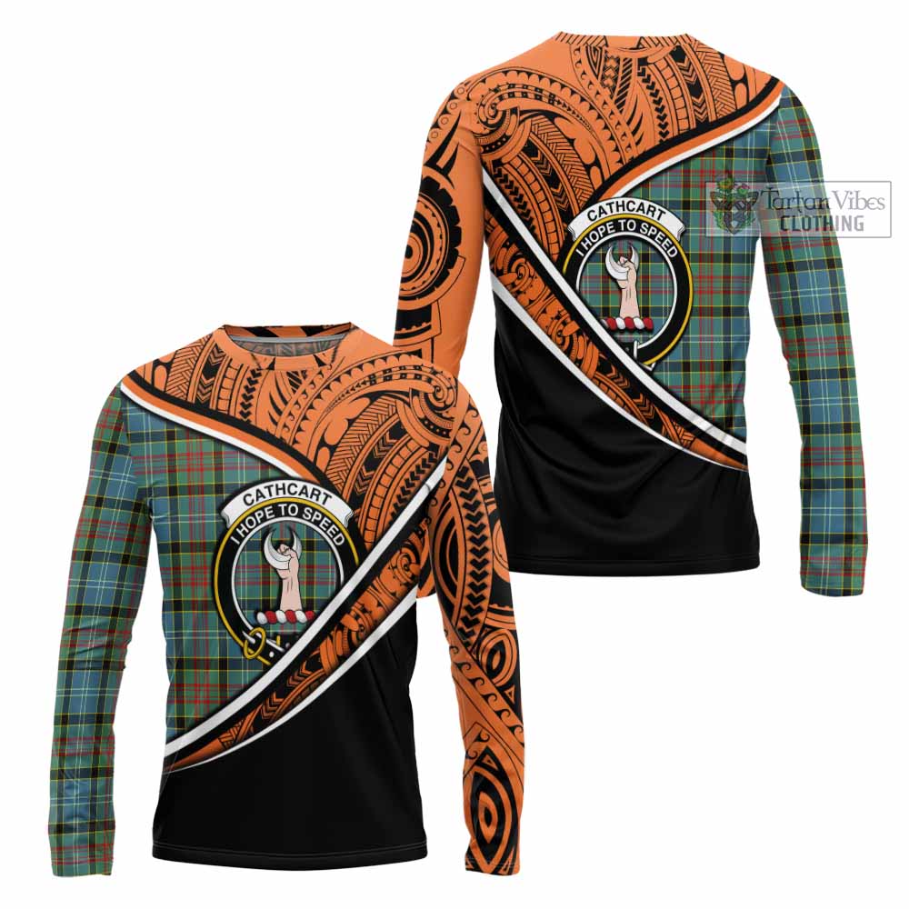 Tartan Vibes Clothing Cathcart Crest Tartan Long Sleeve T-Shirt with Maori Tattoo Style - Orange Version