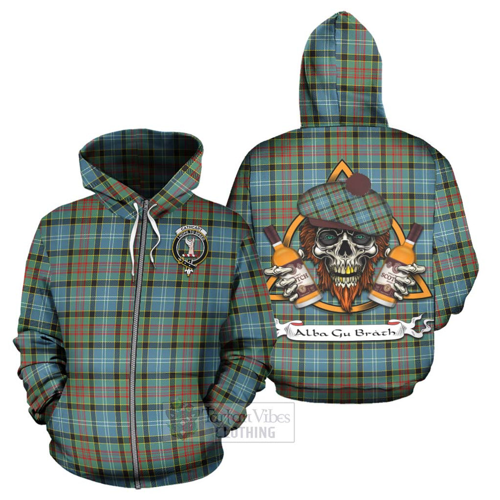 Tartan Vibes Clothing Cathcart Tartan Hoodie with Family Crest and Bearded Skull Holding Bottles of Whiskey