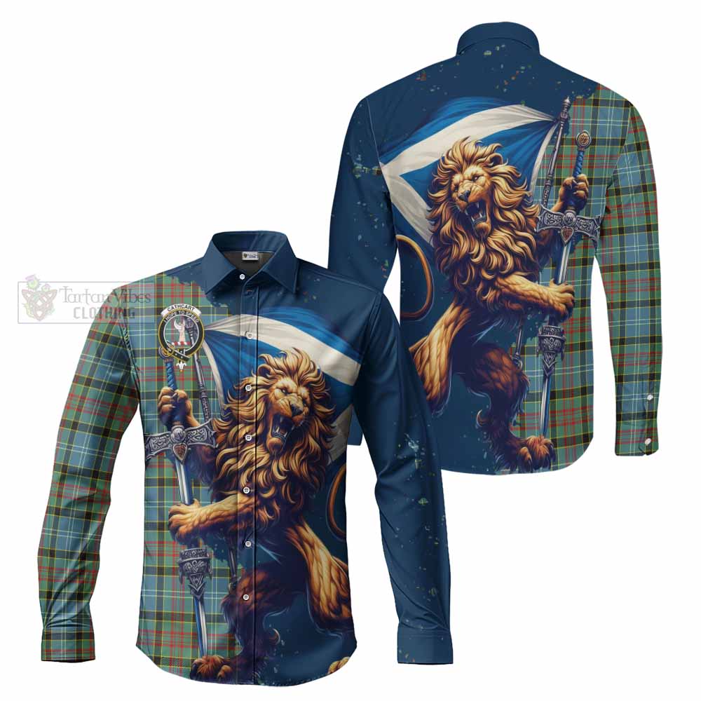 Tartan Vibes Clothing Cathcart Tartan Family Crest Long Sleeve Button Shirt with Scottish Majestic Lion