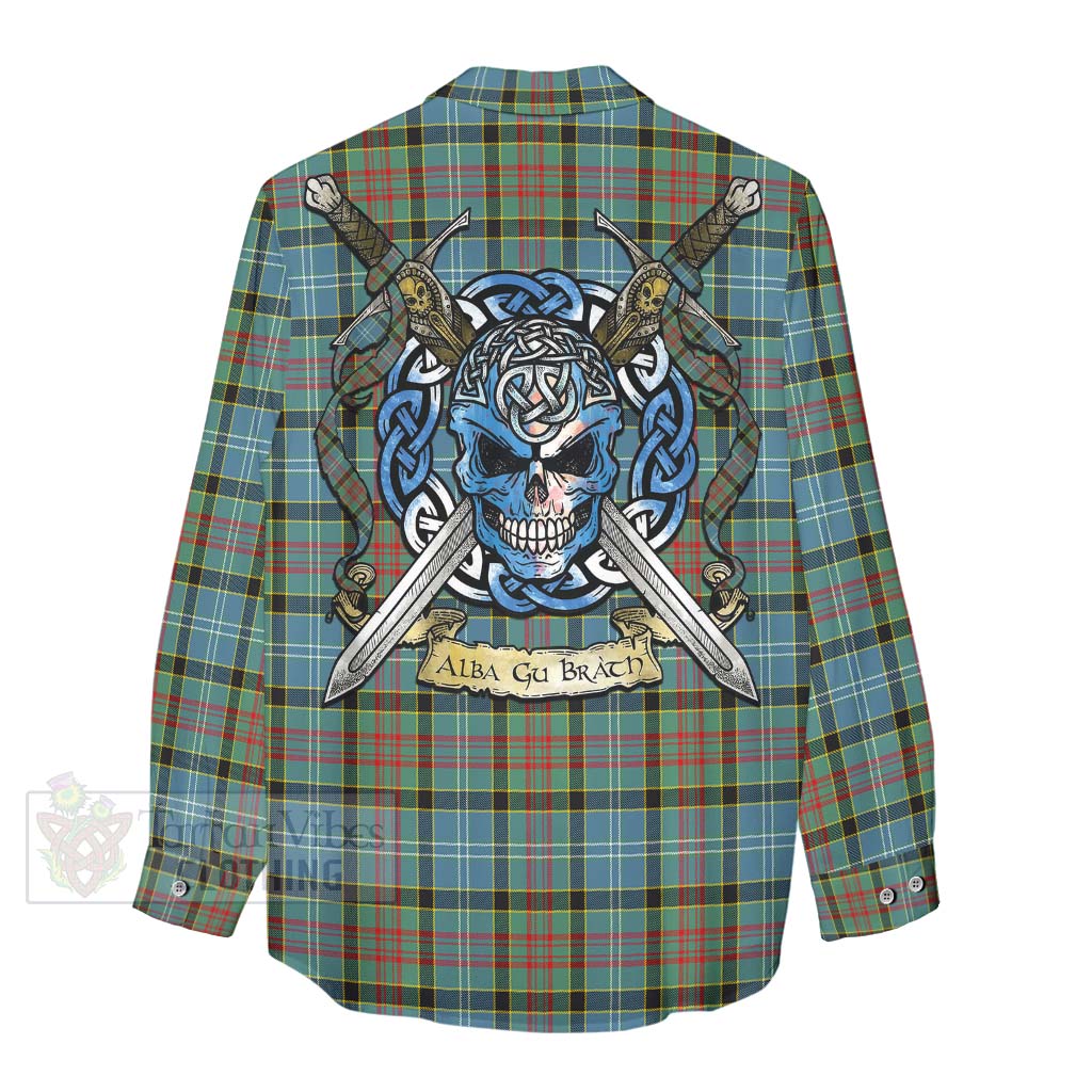 Tartan Vibes Clothing Cathcart Tartan Women's Casual Shirt with Family Crest Celtic Skull Style