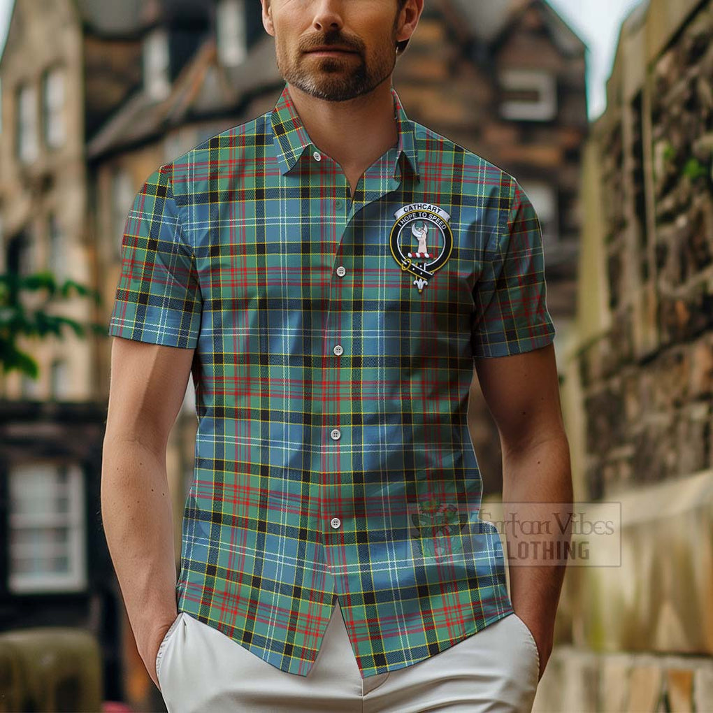 Tartan Vibes Clothing Cathcart Tartan Short Sleeve Button Shirt with Family Crest and Bearded Skull Holding Bottles of Whiskey