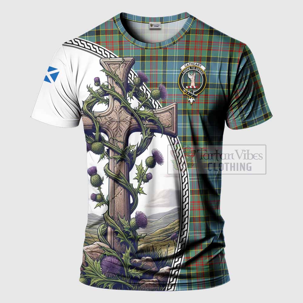 Tartan Vibes Clothing Cathcart Agnew Tartan T-Shirt with Family Crest and St. Andrew's Cross Accented by Thistle Vines