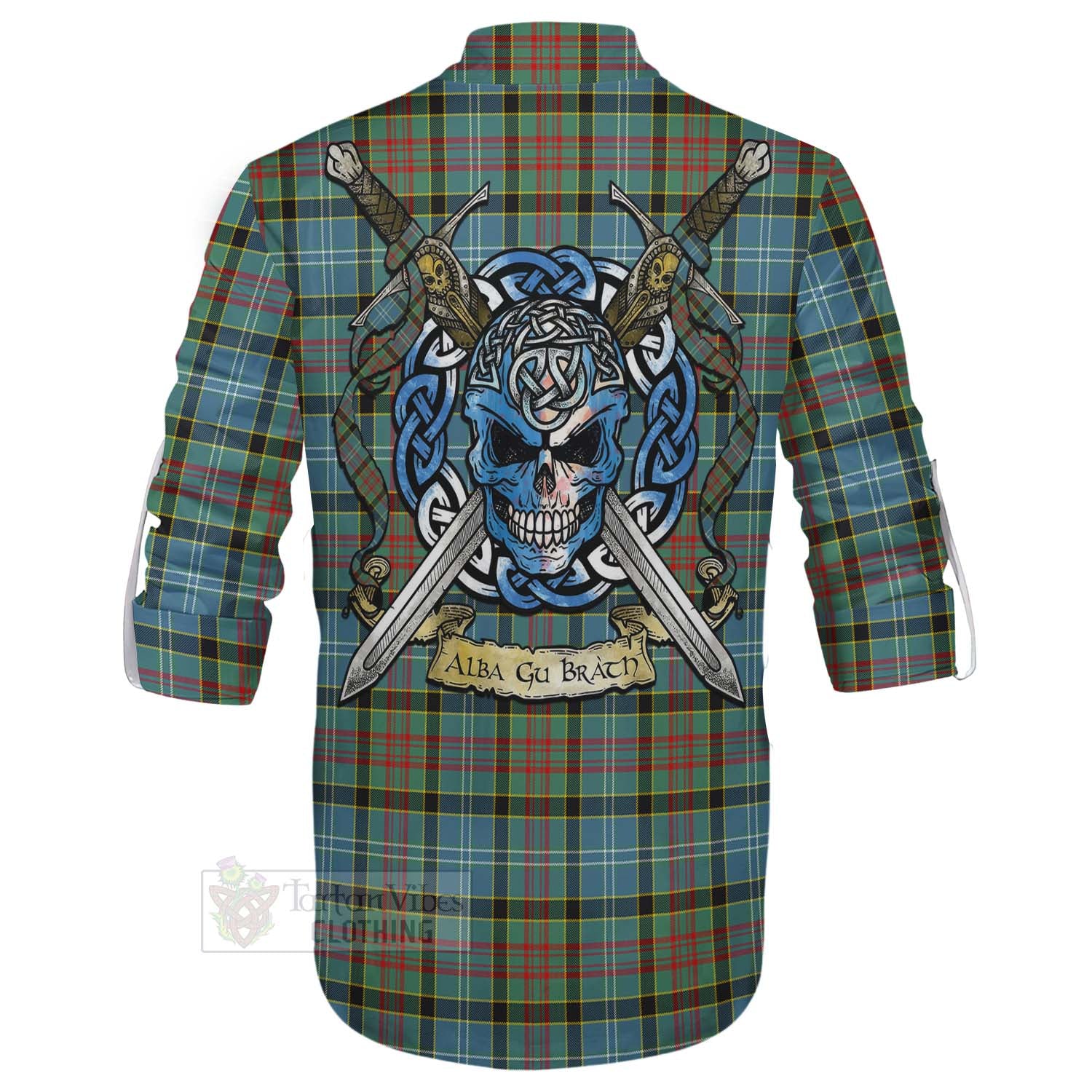 Tartan Vibes Clothing Cathcart Tartan Ghillie Kilt Shirt with Family Crest Celtic Skull Style