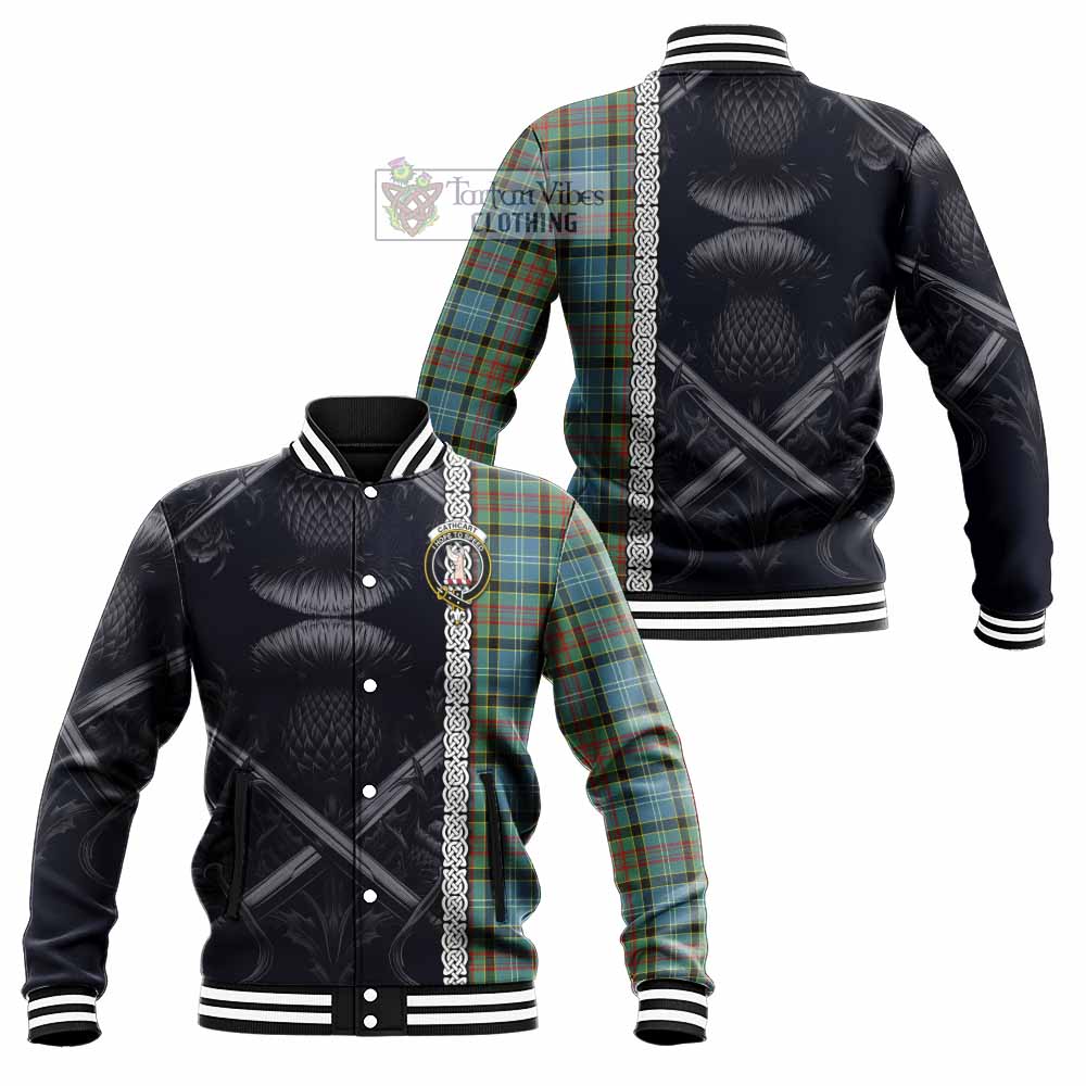 Tartan Vibes Clothing Cathcart Tartan Baseball Jacket with Family Crest Cross Sword Thistle Celtic Vibes