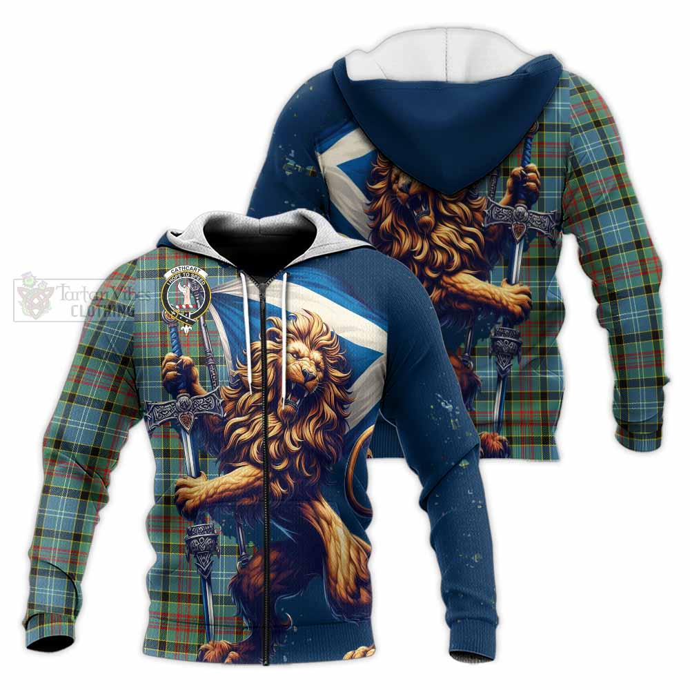 Tartan Vibes Clothing Cathcart Tartan Family Crest Knitted Hoodie with Scottish Majestic Lion