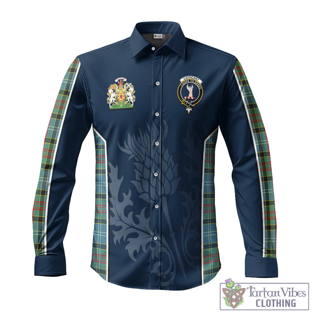 Tartan Vibes Clothing Cathcart Tartan Long Sleeve Button Up Shirt with Family Crest and Scottish Thistle Vibes Sport Style