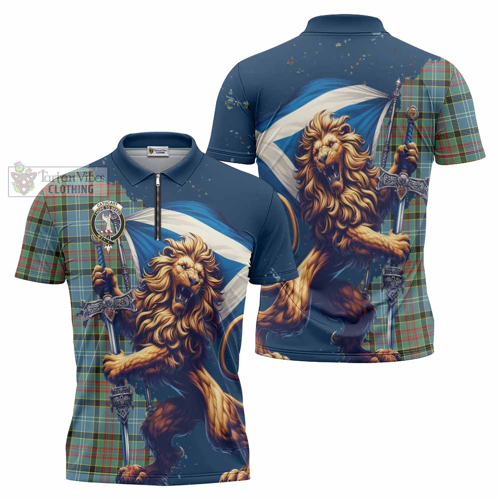 Tartan Vibes Clothing Cathcart Tartan Family Crest Zipper Polo Shirt with Scottish Majestic Lion