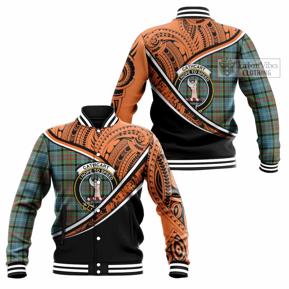 Tartan Vibes Clothing Cathcart Crest Tartan Baseball Jacket with Maori Tattoo Style - Orange Version