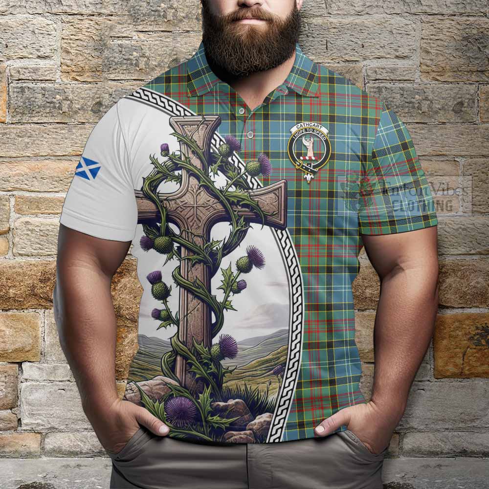 Tartan Vibes Clothing Cathcart Tartan Polo Shirt with Family Crest and St. Andrew's Cross Accented by Thistle Vines