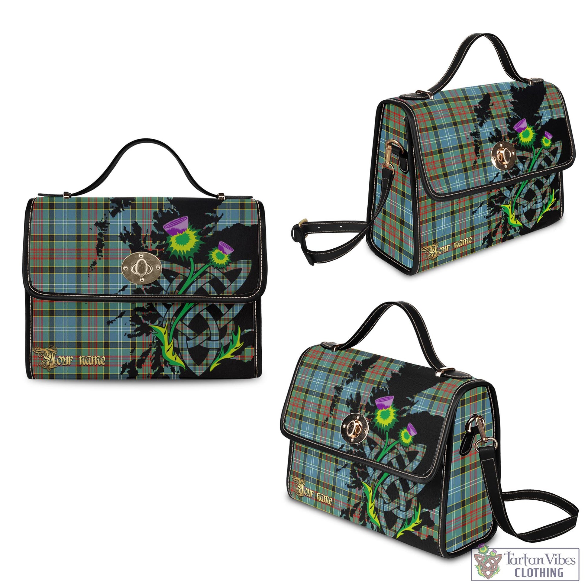 Tartan Vibes Clothing Cathcart Tartan Waterproof Canvas Bag with Scotland Map and Thistle Celtic Accents