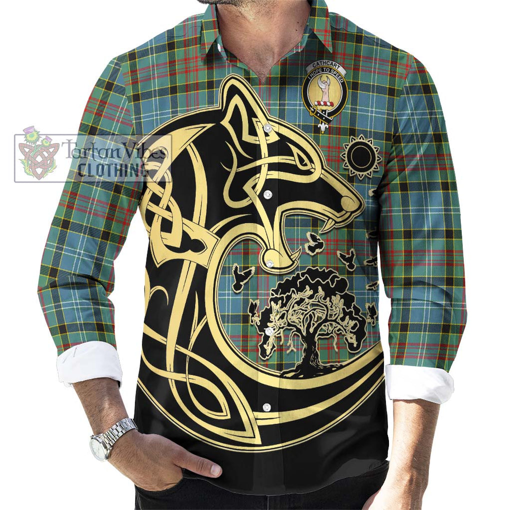 Cathcart Tartan Long Sleeve Button Shirt with Family Crest Celtic Wolf Style - Tartan Vibes Clothing