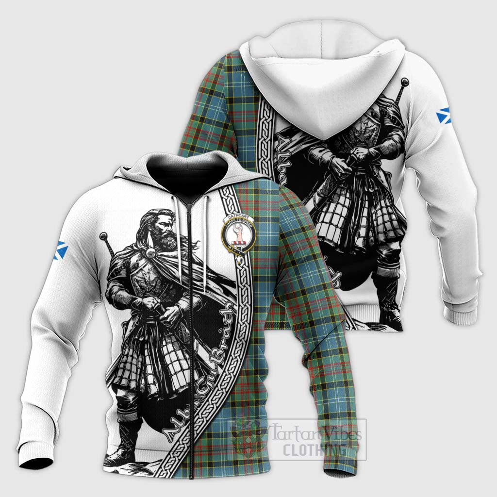 Tartan Vibes Clothing Cathcart Tartan Clan Crest Knitted Hoodie with Highlander Warrior Celtic Style