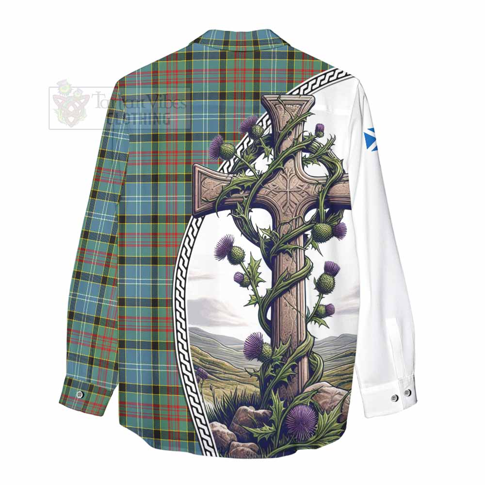 Tartan Vibes Clothing Cathcart Tartan Women's Casual Shirt with Family Crest and St. Andrew's Cross Accented by Thistle Vines