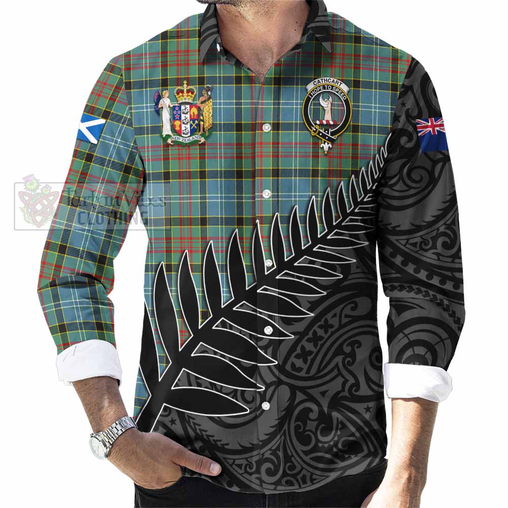 Tartan Vibes Clothing Cathcart Crest Tartan Long Sleeve Button Shirt with New Zealand Silver Fern Half Style