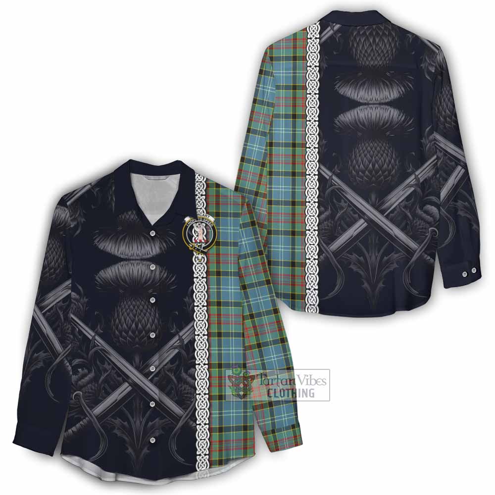 Tartan Vibes Clothing Cathcart Tartan Women's Casual Shirt with Family Crest Cross Sword Thistle Celtic Vibes