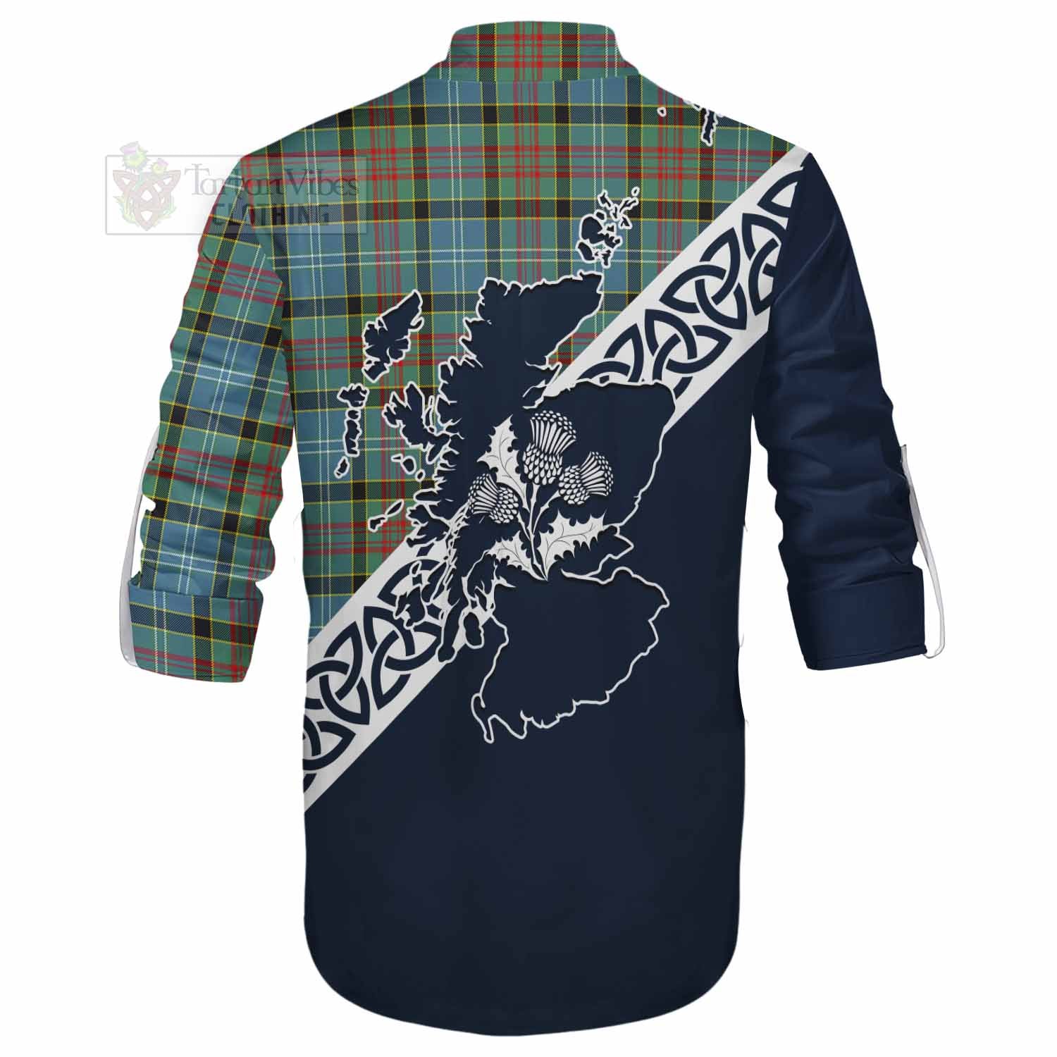 Tartan Vibes Clothing Cathcart Tartan Ghillie Kilt Shirt Featuring Thistle and Scotland Map