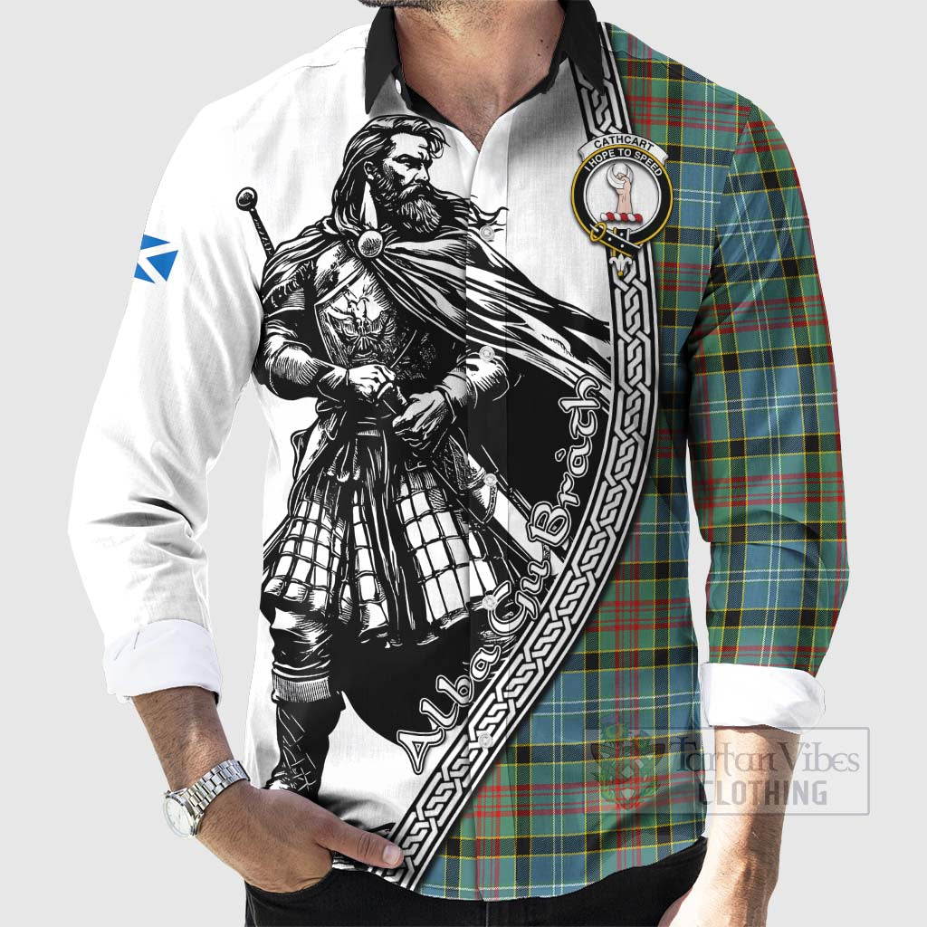 Tartan Vibes Clothing Cathcart Tartan Clan Crest Long Sleeve Button Shirt with Highlander Warrior Celtic Style