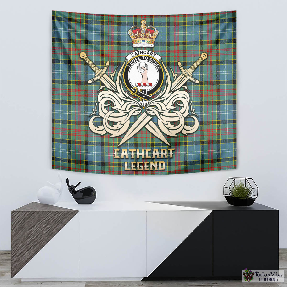 Tartan Vibes Clothing Cathcart Tartan Tapestry with Clan Crest and the Golden Sword of Courageous Legacy